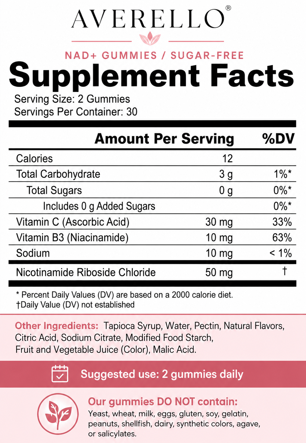 Averello NAD+ Gummies supplement facts panel
