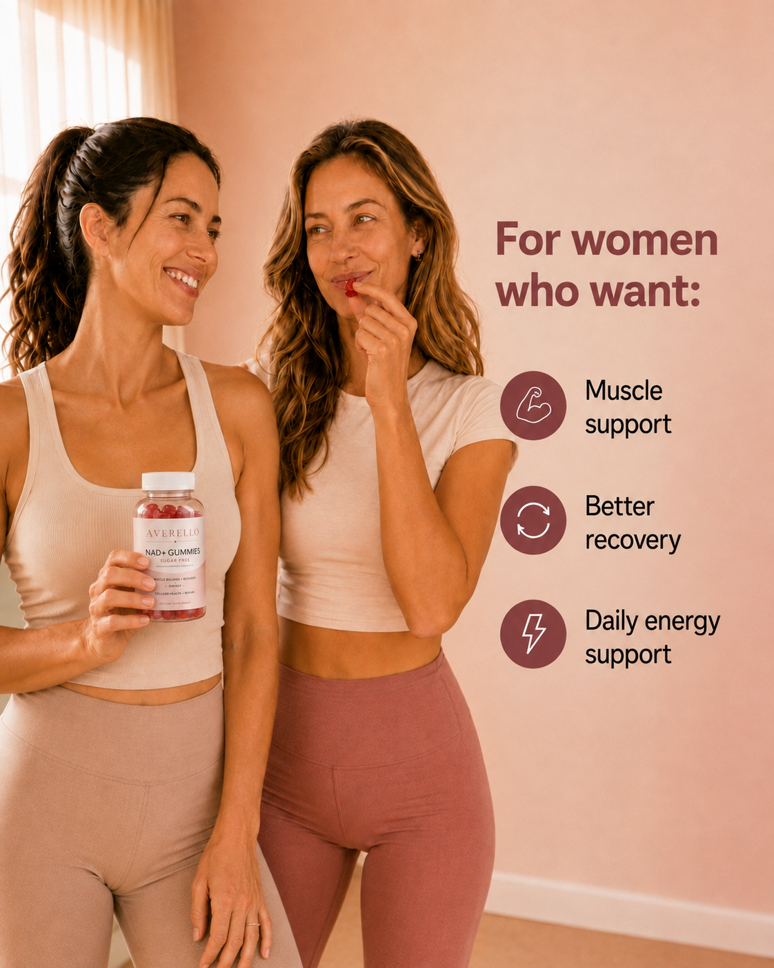 Two women with Averello NAD+ Gummies and key benefits