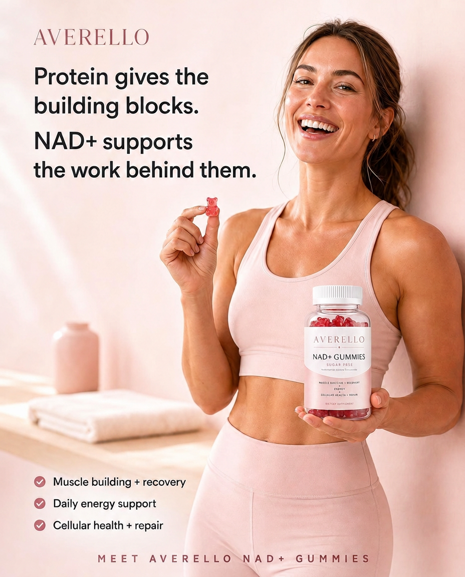 Woman holding Averello NAD+ Gummies and a single gummy