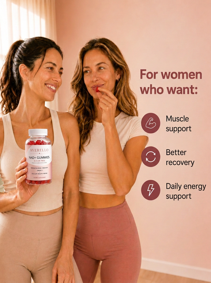 Two women with Averello NAD+ Gummies and key benefits