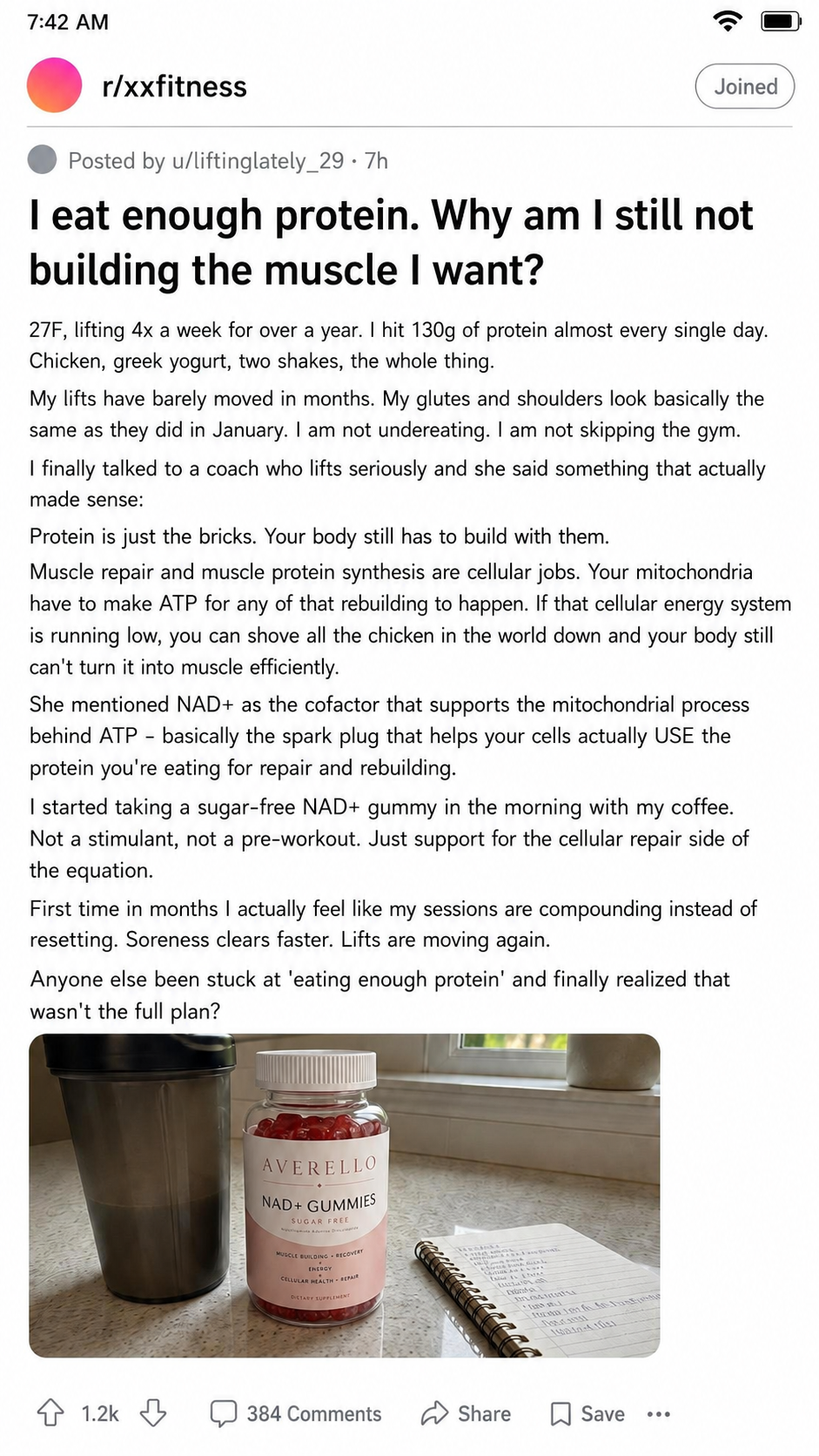 Forum post from a woman asking why she is not building muscle despite eating enough protein